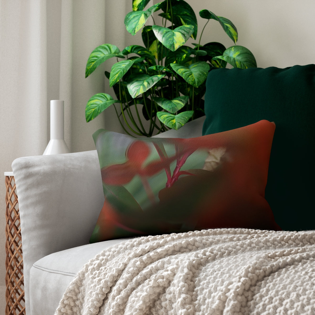 lumbar pillow featuring red and green plants, close up photo size: 20''14''