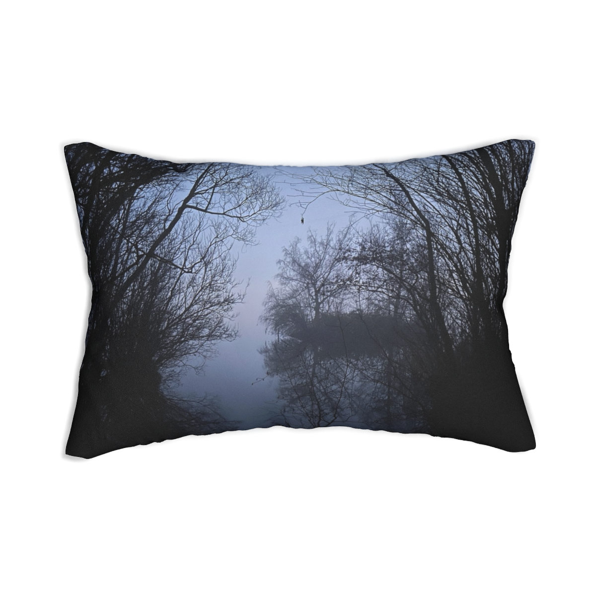 lumbar pillow featuring lake in the forrest, fog in the evening size: 20''x14''