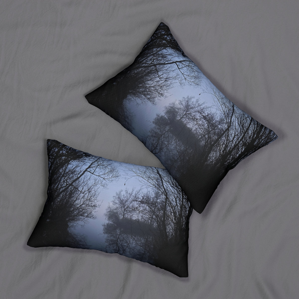 lumbar pillow featuring lake in the forrest, fog in the evening size: 20''x14''