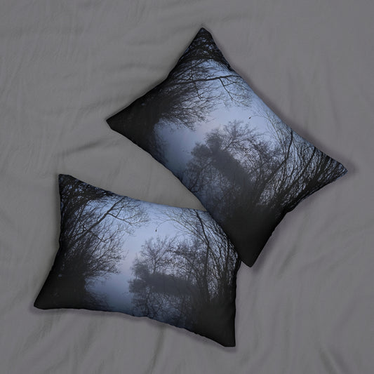 lumbar pillow featuring lake in the forrest, fog in the evening size: 20''x14''