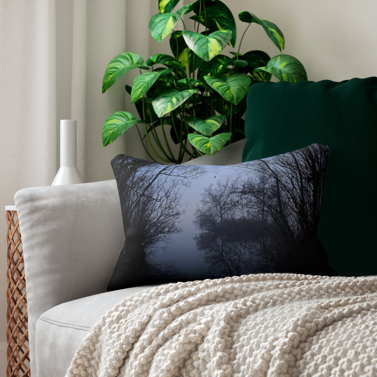 lumbar pillow featuring lake in the forrest, fog in the evening size: 20''x14''