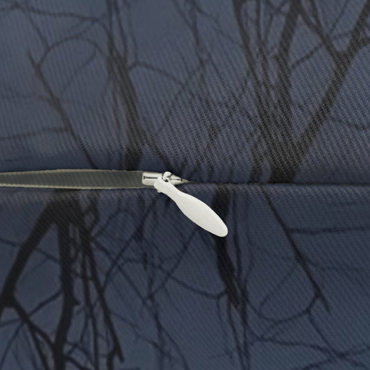 close up of lumbar pillow featuring lake in the forrest, fog in the evening size: 20''x14''