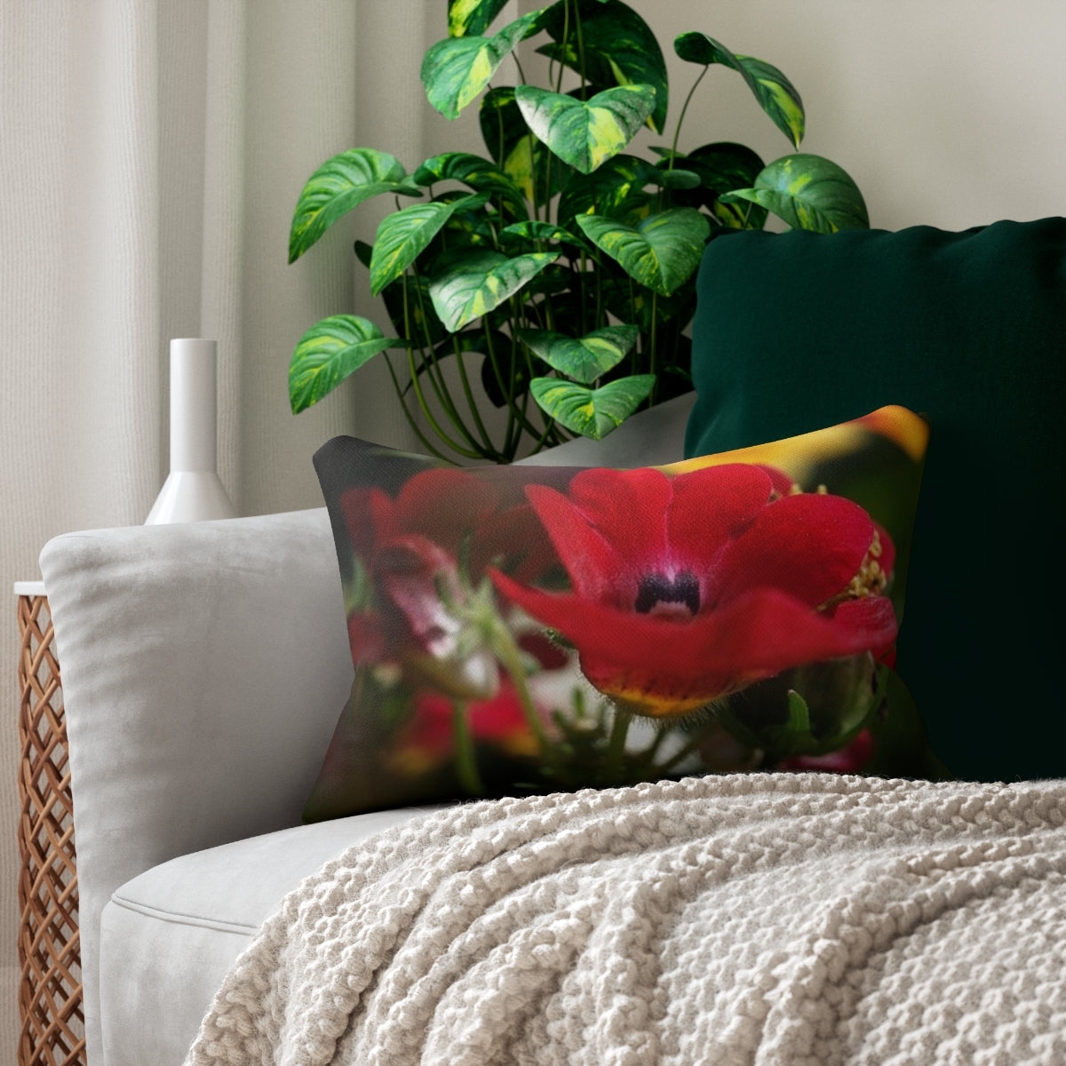 lumbar pillow featuring red flower size: 20''x14''