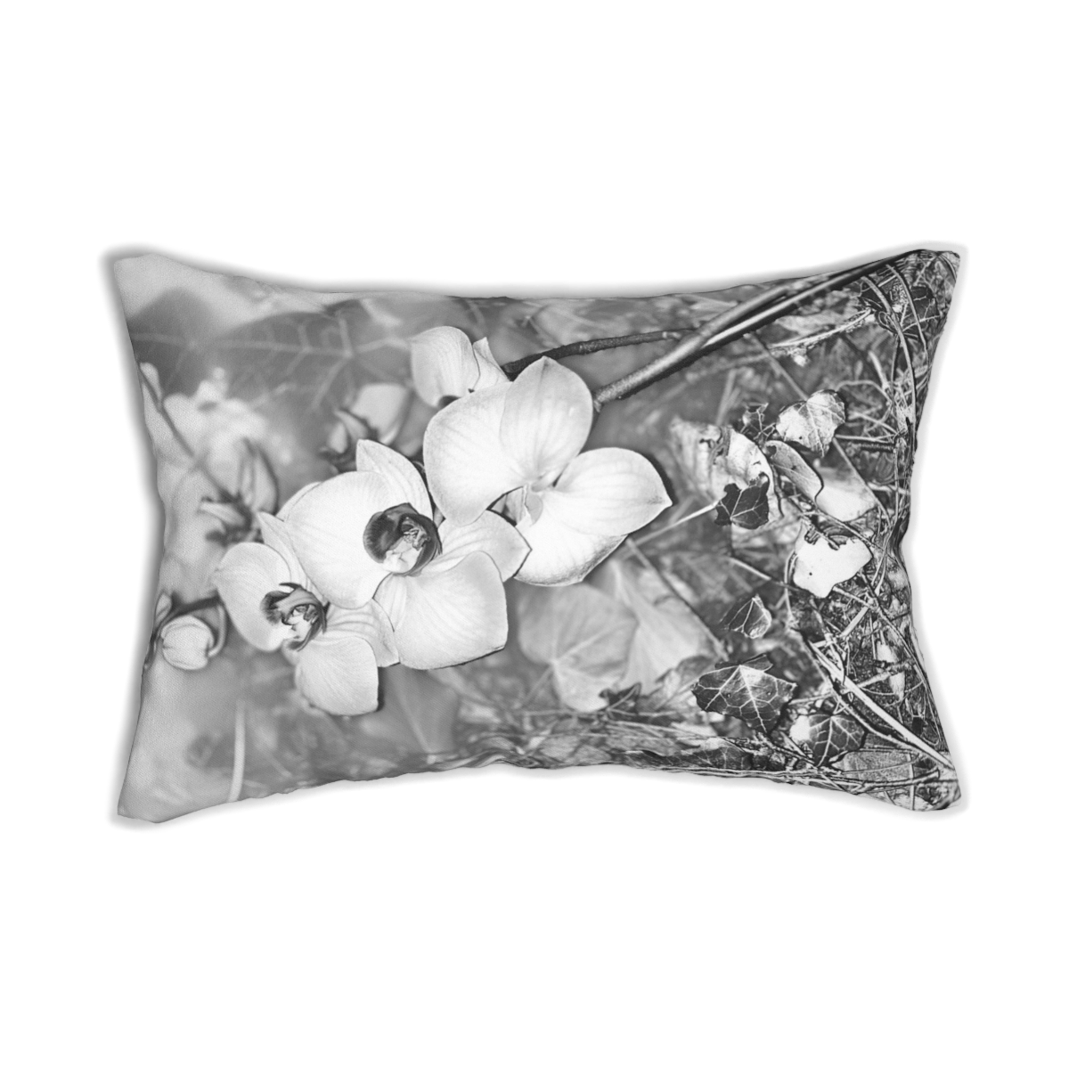 Black and White Floral Lumbar Pillow with Close Up of Orchids