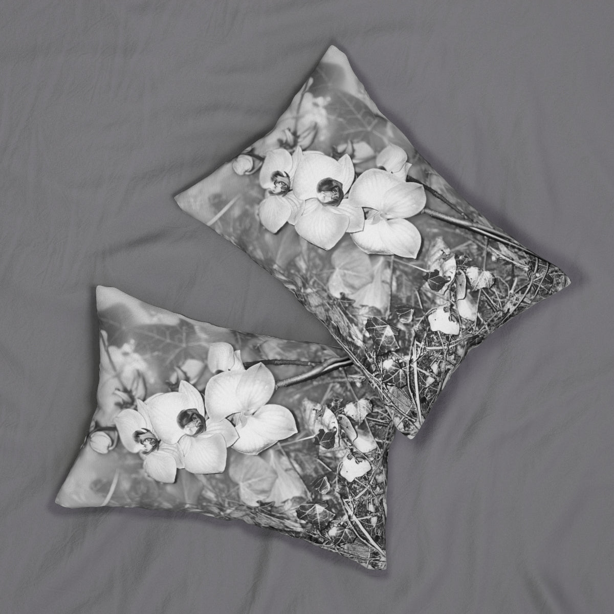 Black and White Floral Lumbar Pillow with Close Up of Orchids