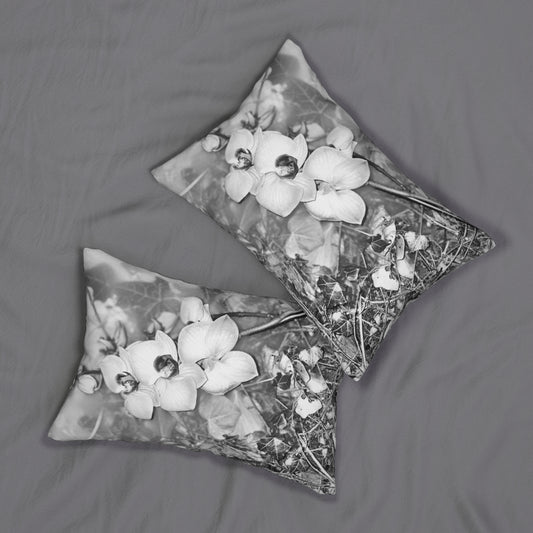 Black and White Floral Lumbar Pillow with Close Up of Orchids