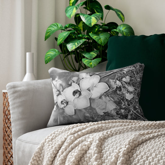 Black and White Floral Lumbar Pillow with Close Up of Orchids