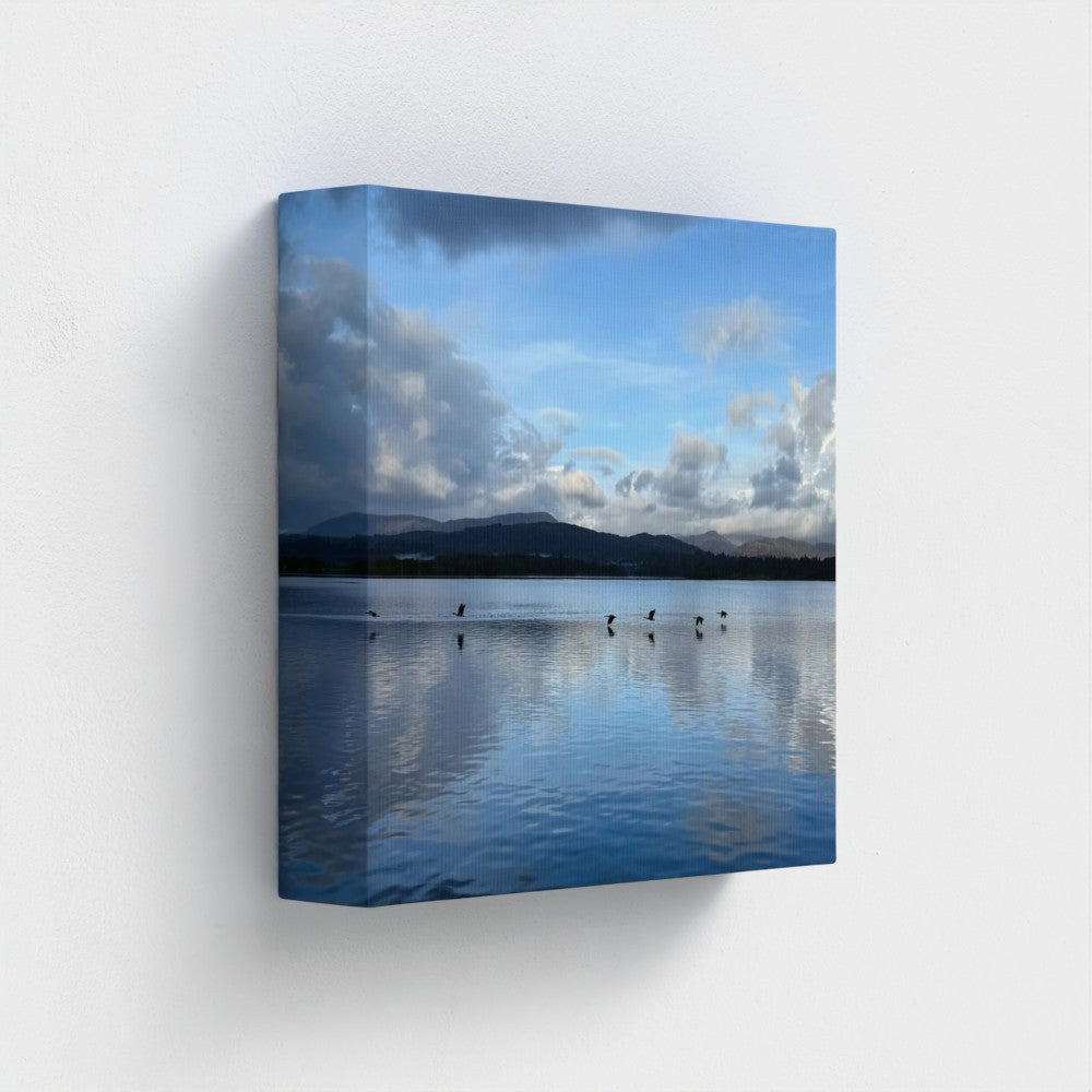 Made in UK Eco-Friendly Canvas Lake District landscape with Birds over Windermere Lake showcasing serene waters and sky.