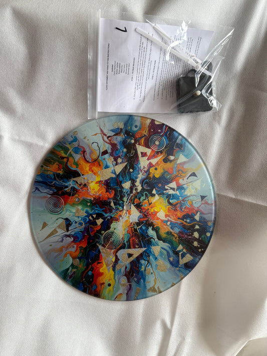 Made in UK Non-Ticking Abstract Glass Wall Clock with Vibrant Colorful Design