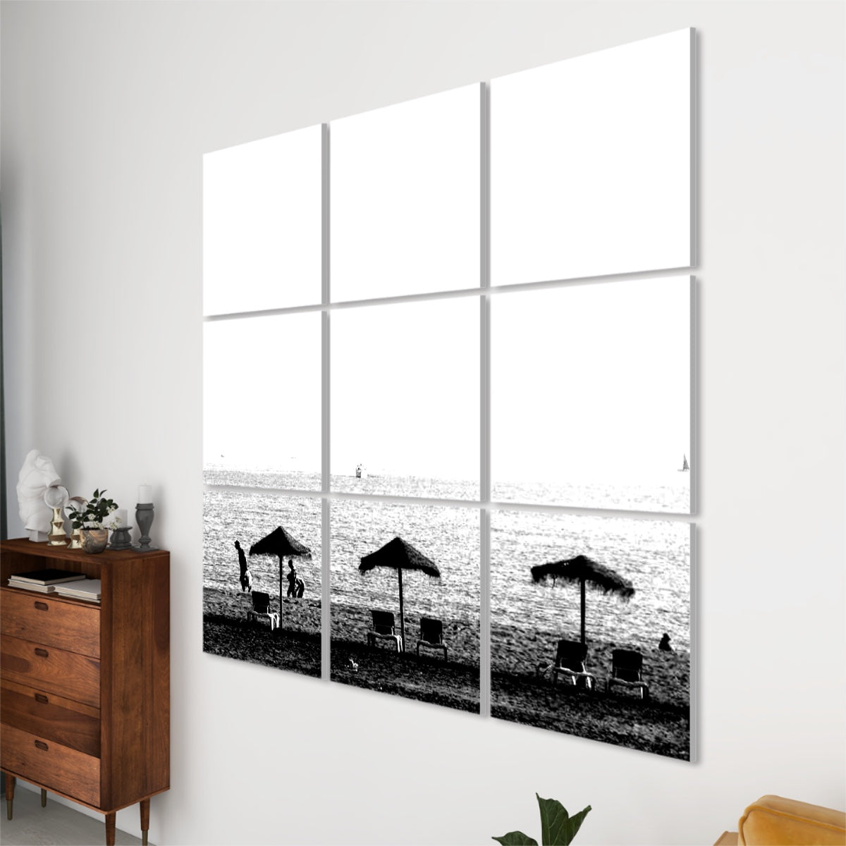 Right side perspective of the black and white version showing beach umbrellas and ocean backdrop divided into 9 decorative sound panels.