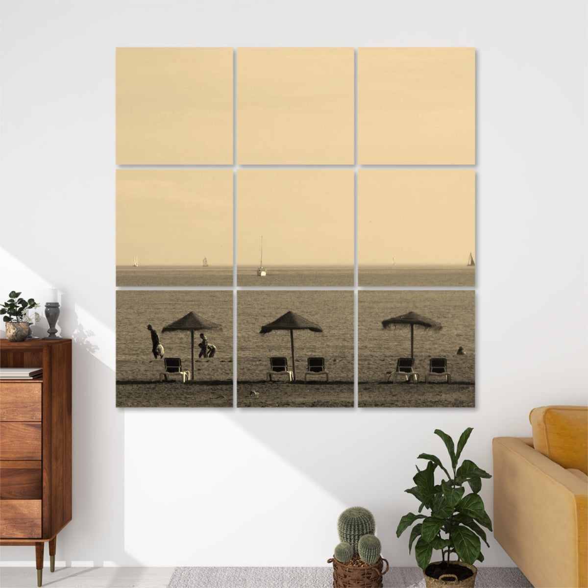 Sepia-toned version of the beach scene with warm vintage tone, straw parasols, empty lounge chairs, and gentle sea horizon across 9 wall panels.