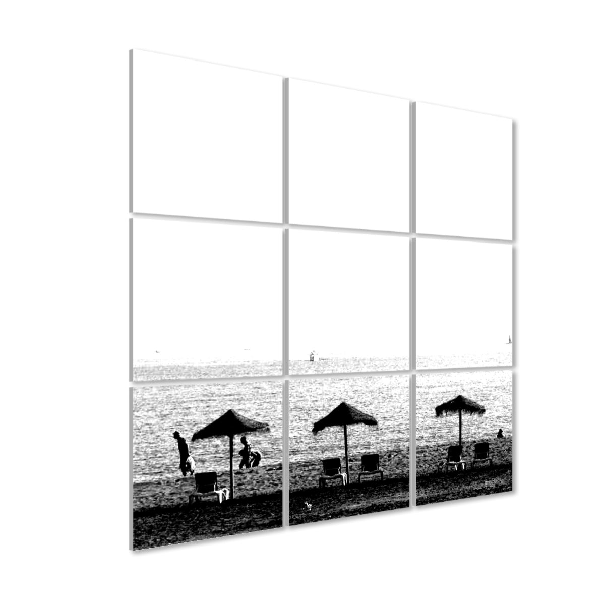 Left angle view of the black and white seaside design with parasols, figures, and a calm ocean horizon, arranged over 9 sound absorbing wall panels.