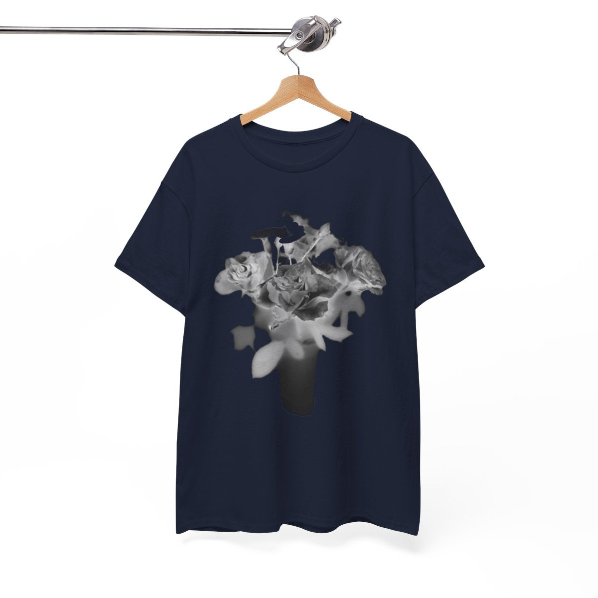 floral gildan 5000 cotton heavy t-shirt featuring black and white roses