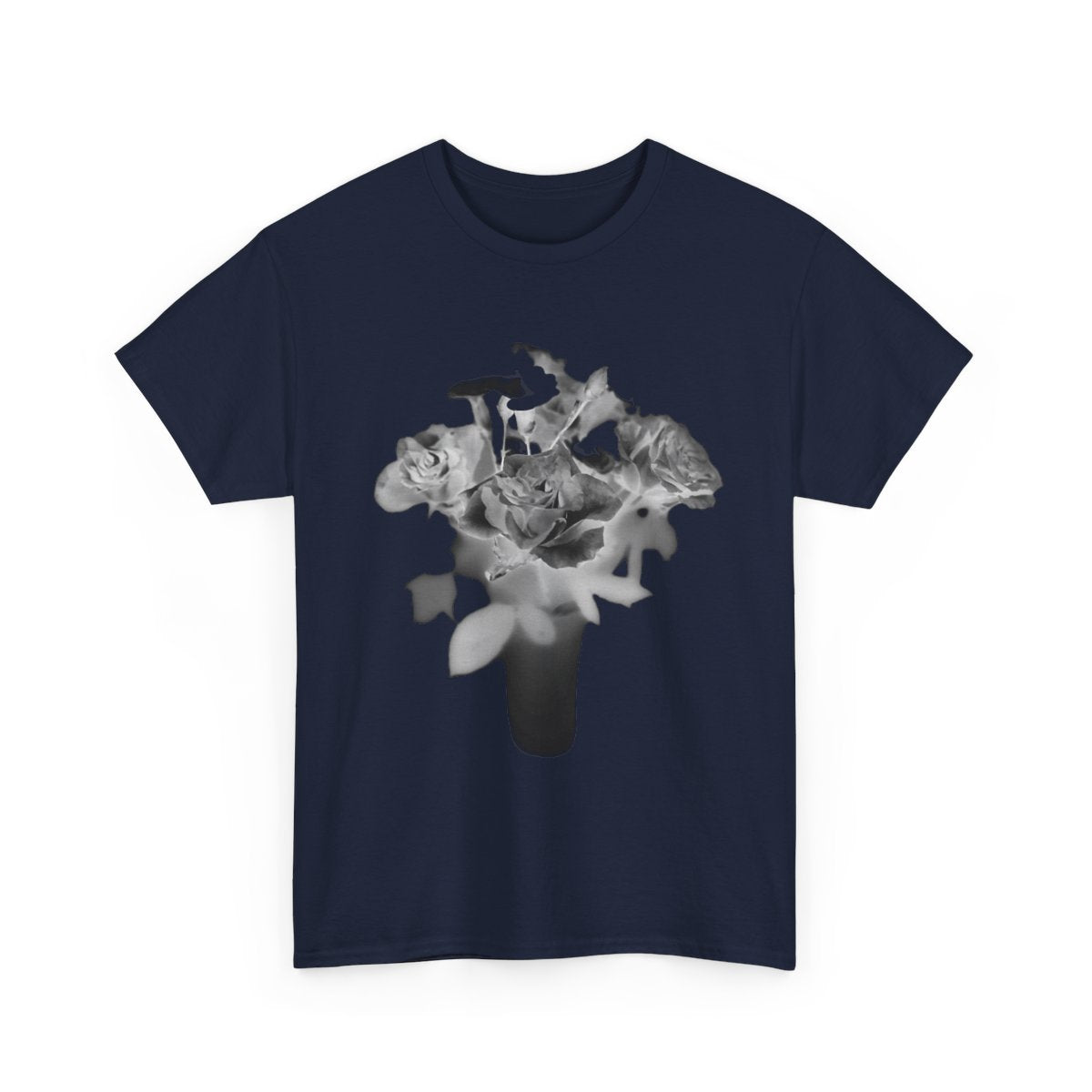floral gildan 5000 cotton heavy t-shirt featuring black and white roses