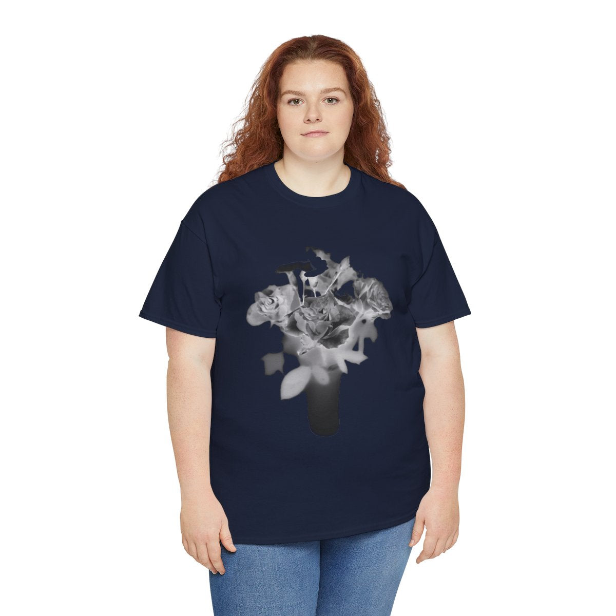 floral gildan 5000 cotton heavy t-shirt featuring black and white roses