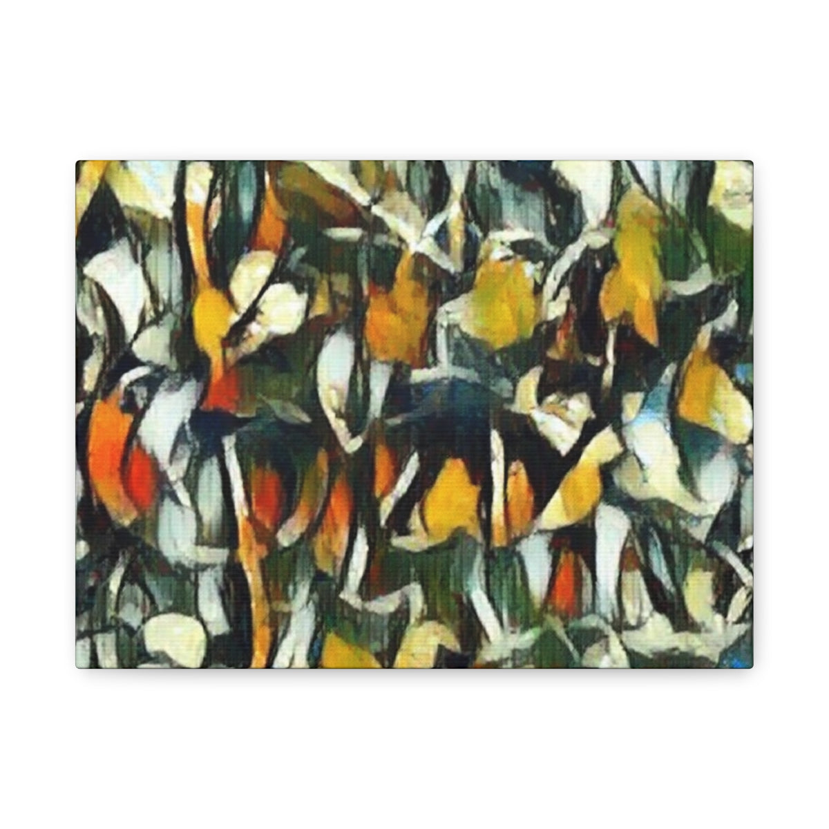 High-contrast petal abstraction in black, orange, ivory, and green with interwoven detail
