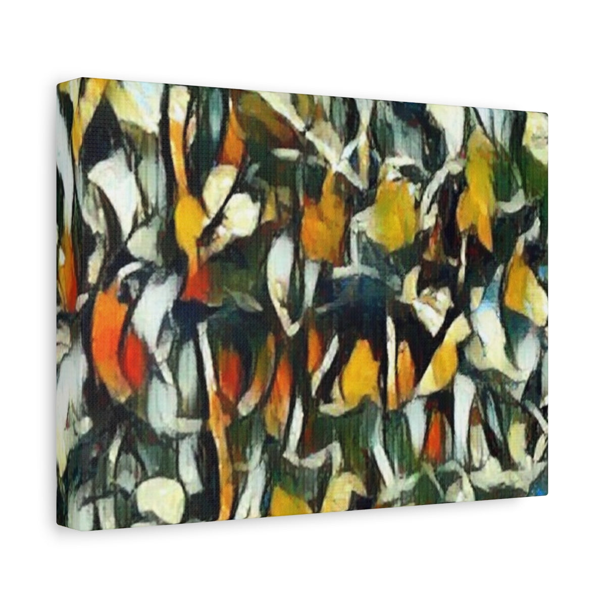 High-contrast petal abstraction in black, orange, ivory, and green with interwoven detail - angled view