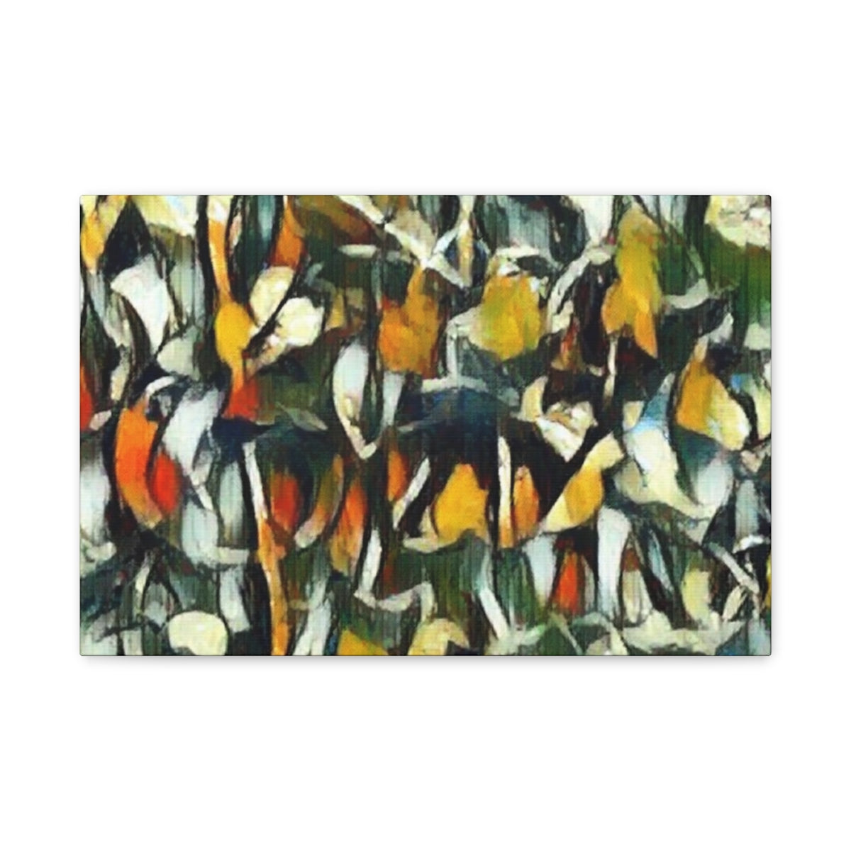 High-contrast petal abstraction in black, orange, ivory, and green with interwoven detail