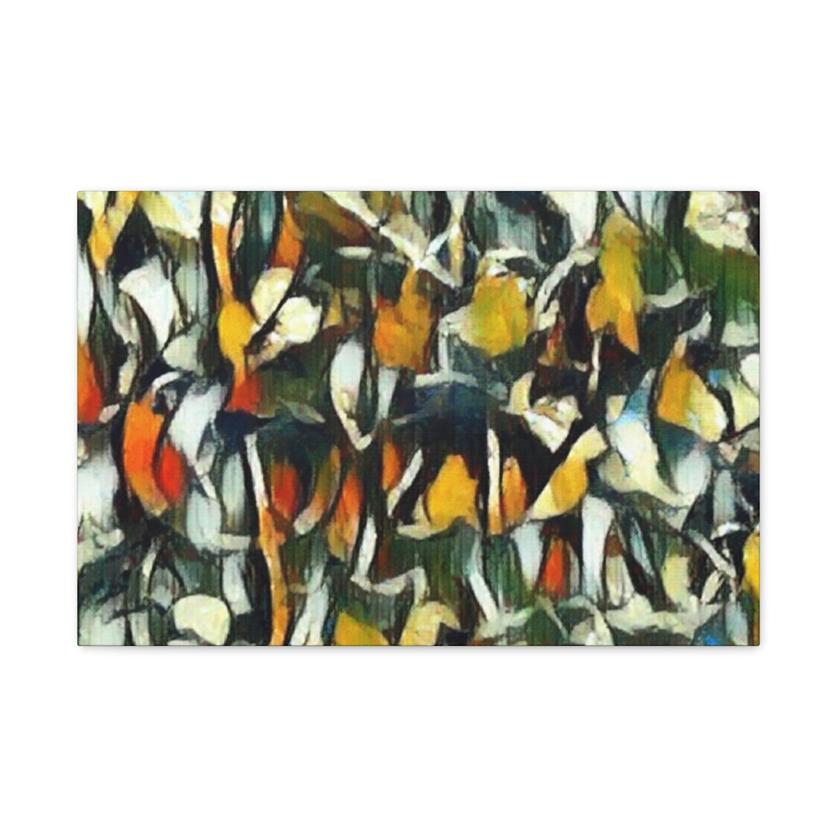 High-contrast petal abstraction in black, orange, ivory, and green with interwoven detail