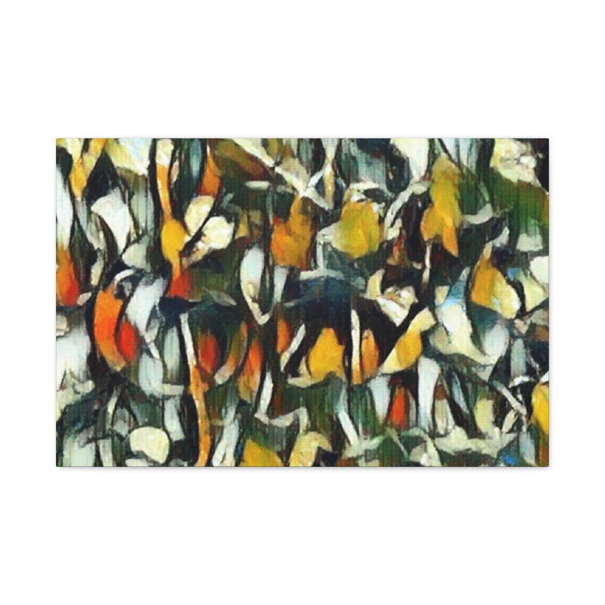 High-contrast petal abstraction in black, orange, ivory, and green with interwoven detail