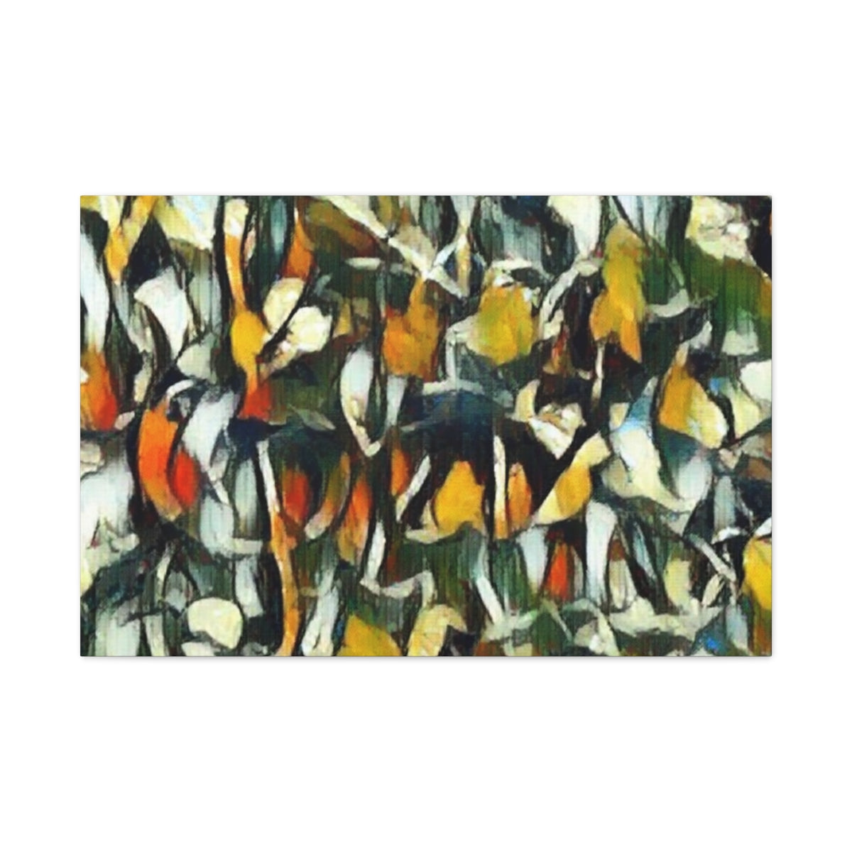High-contrast petal abstraction in black, orange, ivory, and green with interwoven detail