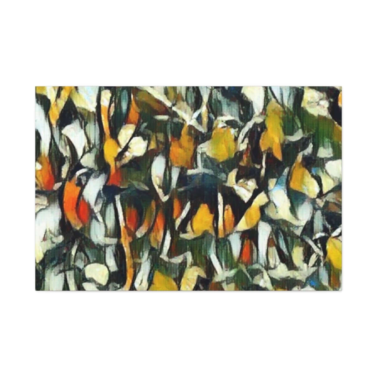 High-contrast petal abstraction in black, orange, ivory, and green with interwoven detail