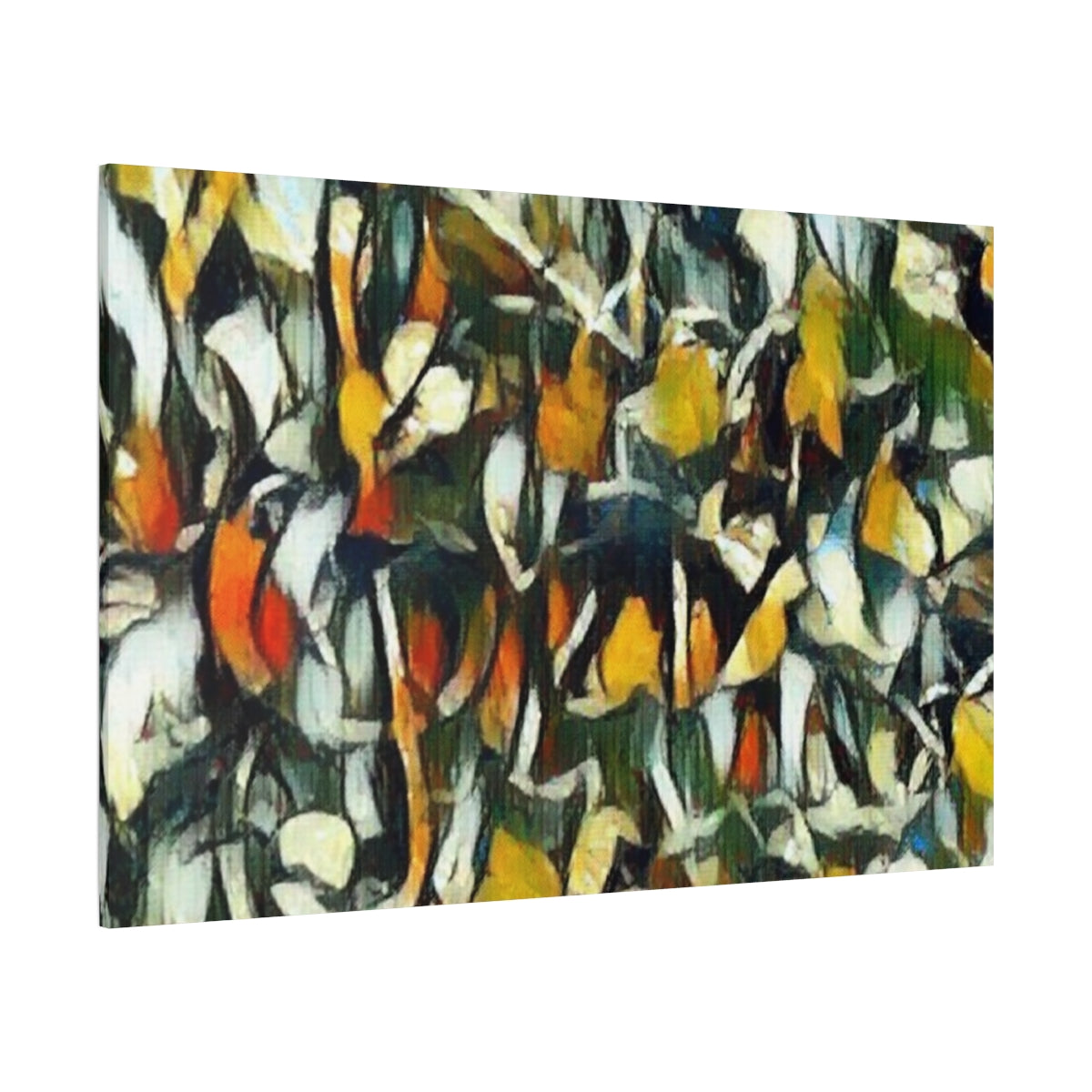High-contrast petal abstraction in black, orange, ivory, and green with interwoven detail - angled view
