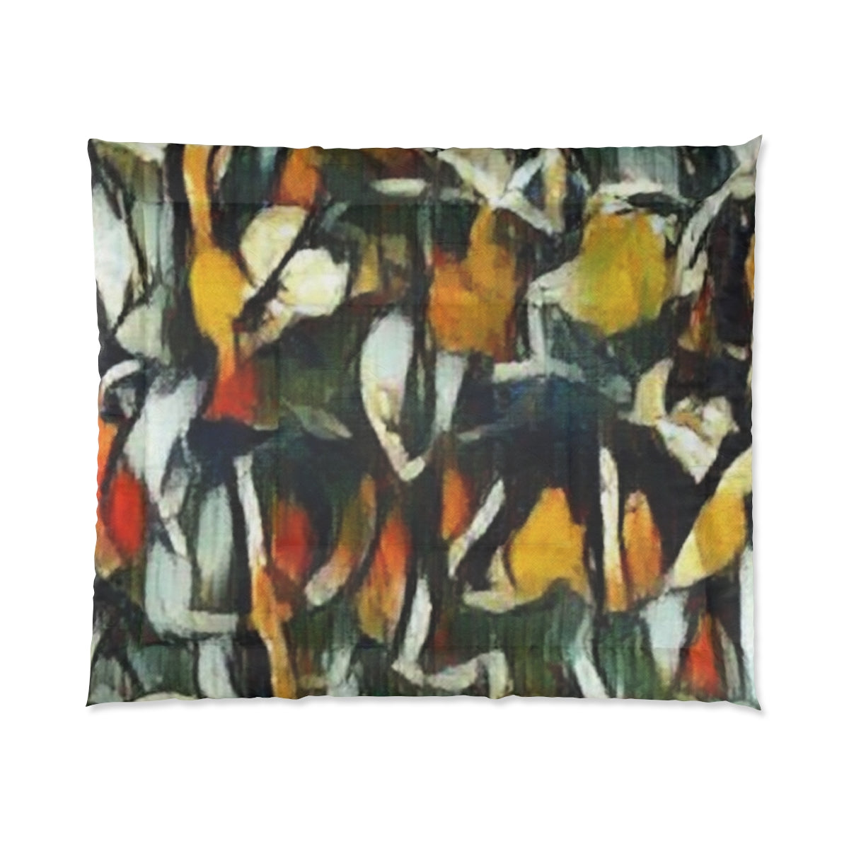 comforter in rich dark tones with scattered warm highlights displayed on white background, size 104'' x 88''