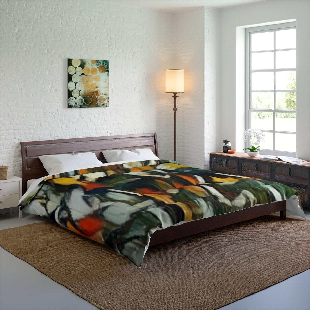 Comforter on a bed in a large room with light walls and minimal styling, size 104'' x 88''