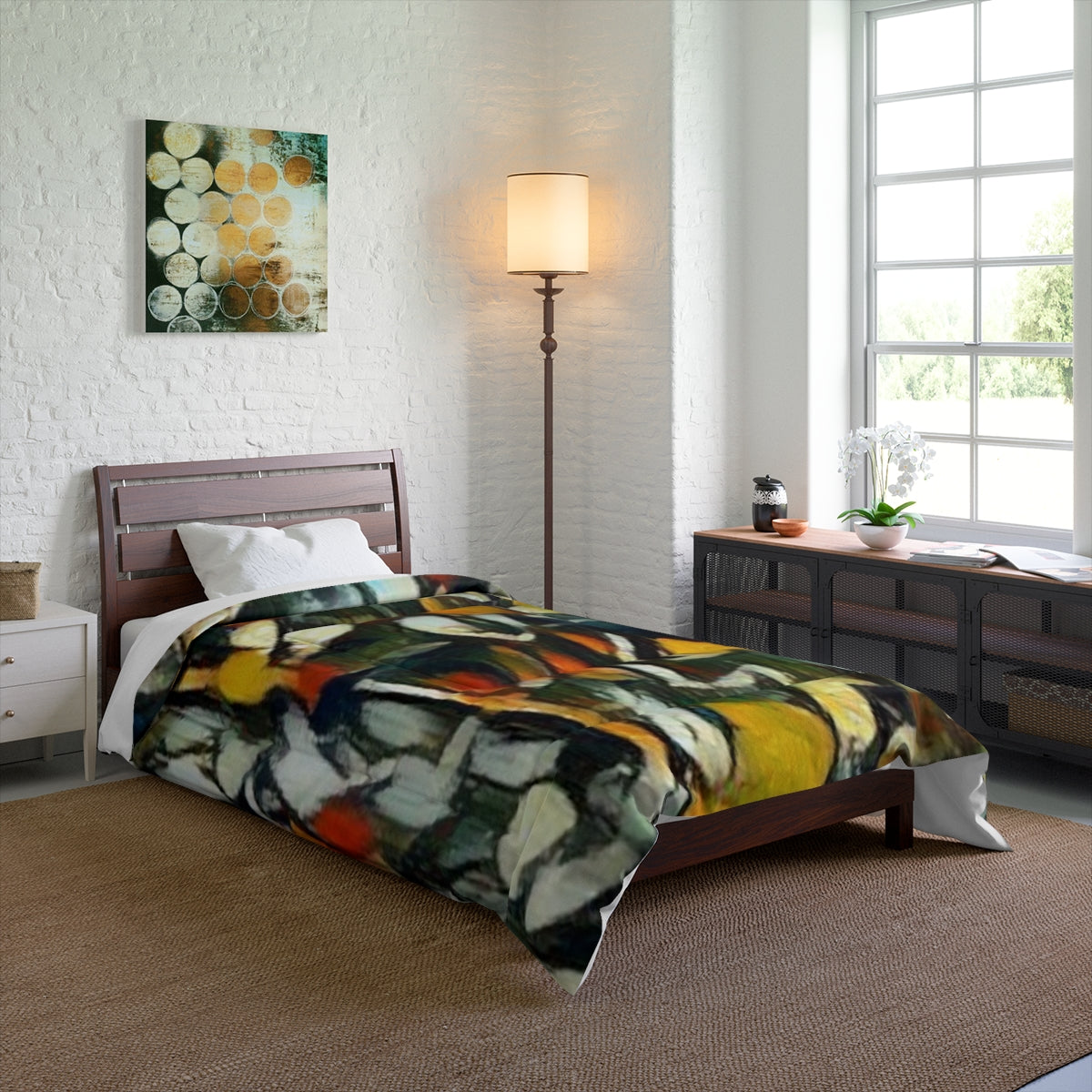 Comforter on a single bed in a bright room with pale walls and wood flooring, size 68'' x 88''