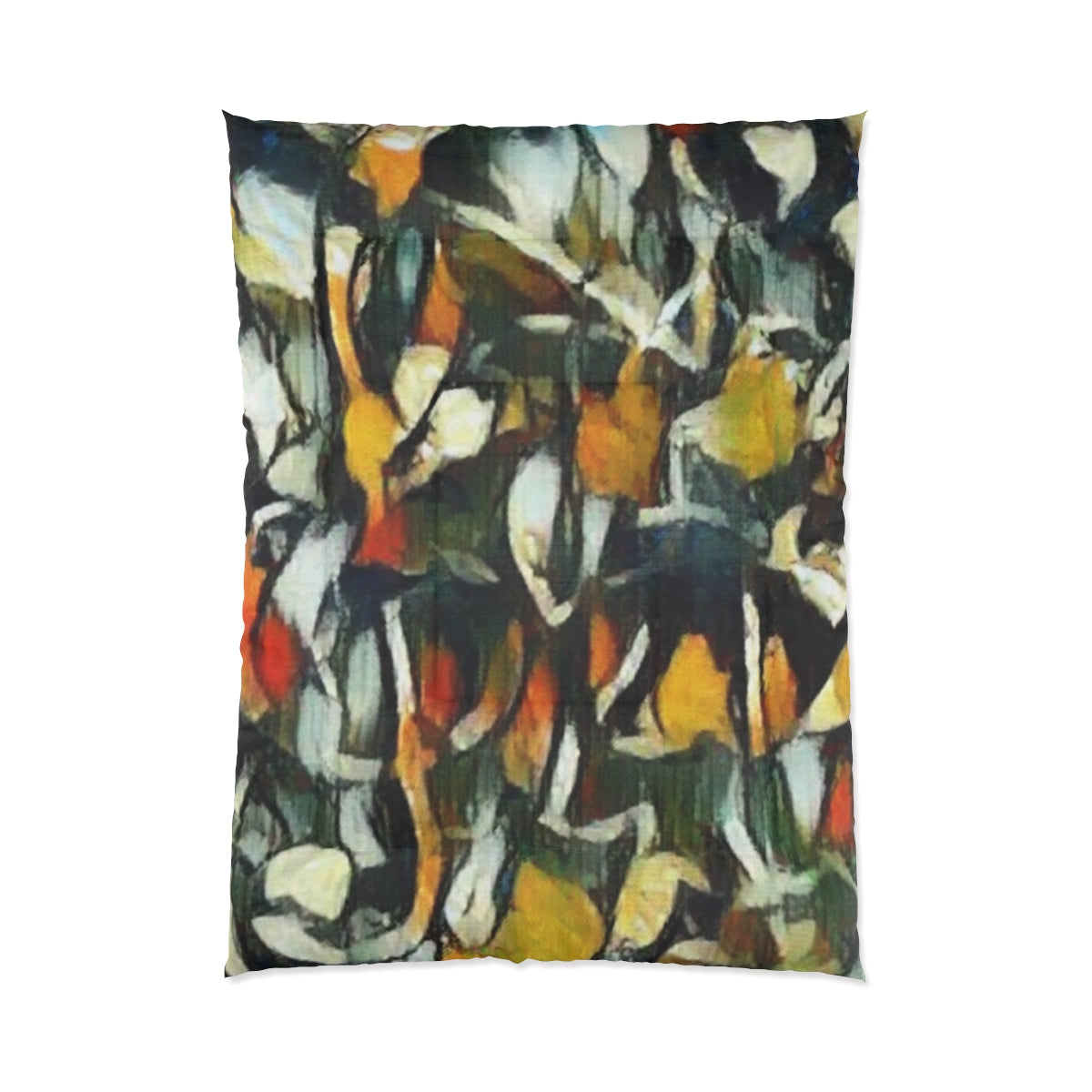 Comforter in layered dark and warm brushstrokes displayed flat on white background, size 68'' x 92''