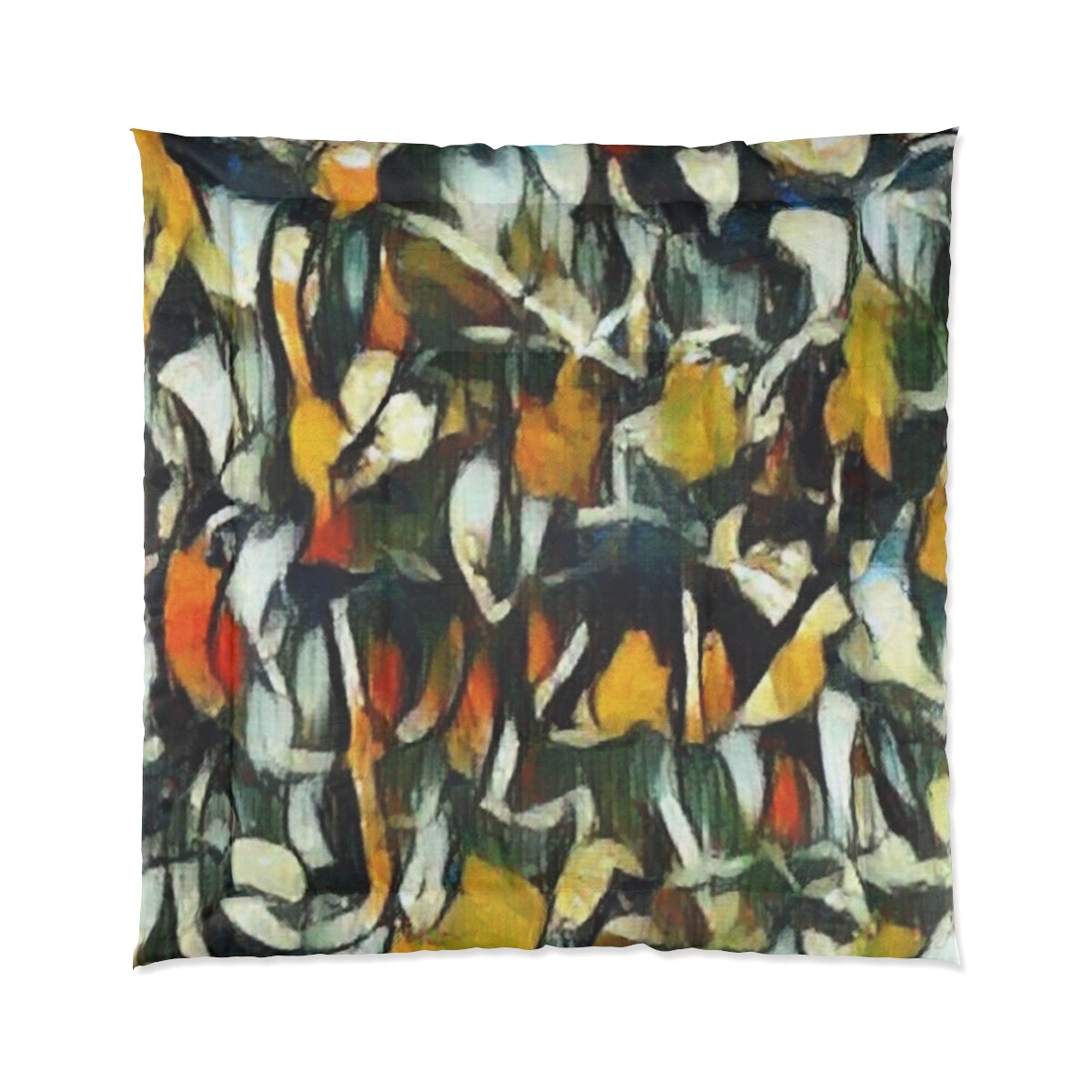 Square comforter with bold abstract pattern in deep greens and burnt orange displayed on white background, size 88'' x 88''