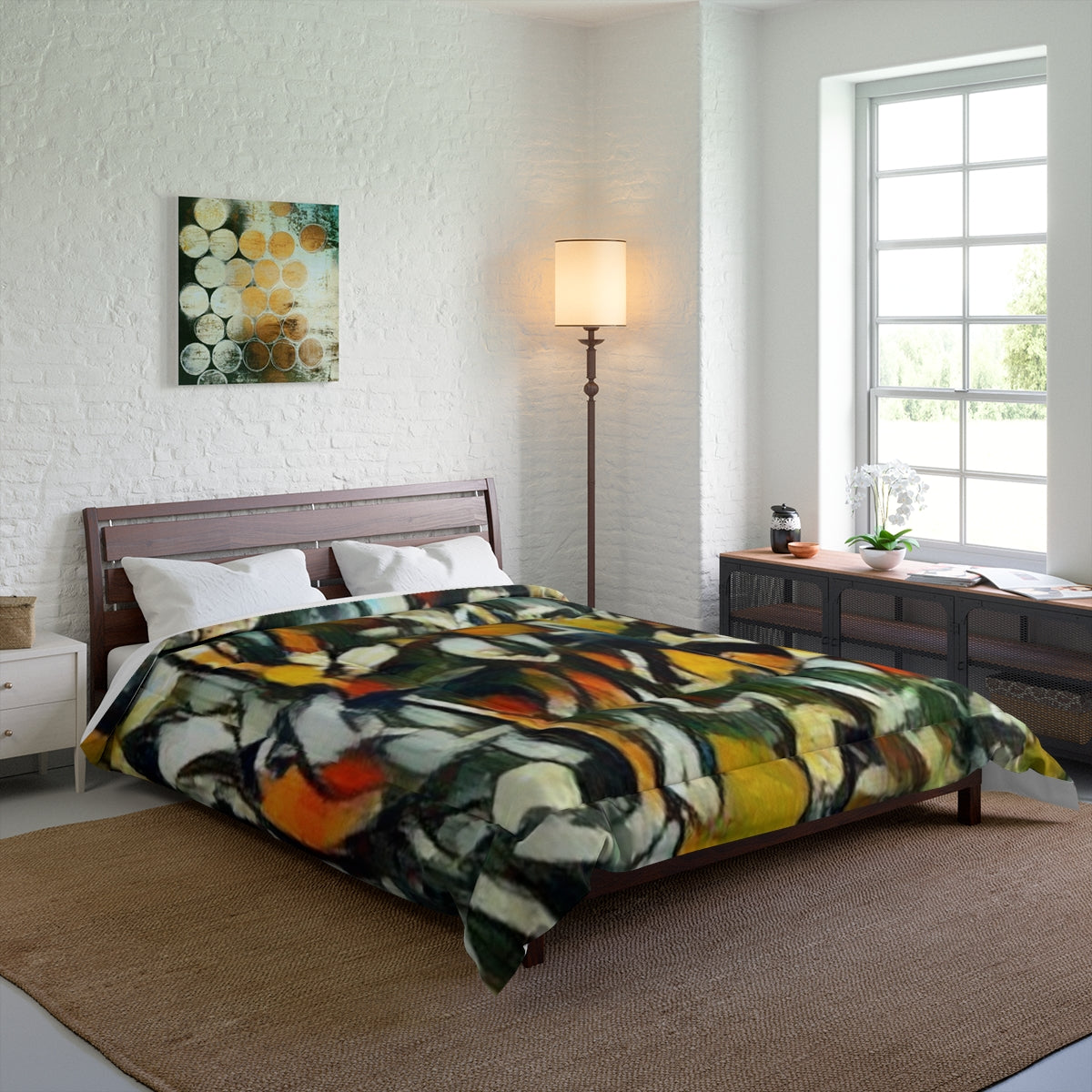 Comforter on a bed in a softly lit bedroom with neutral decor, size 88'' x 88''