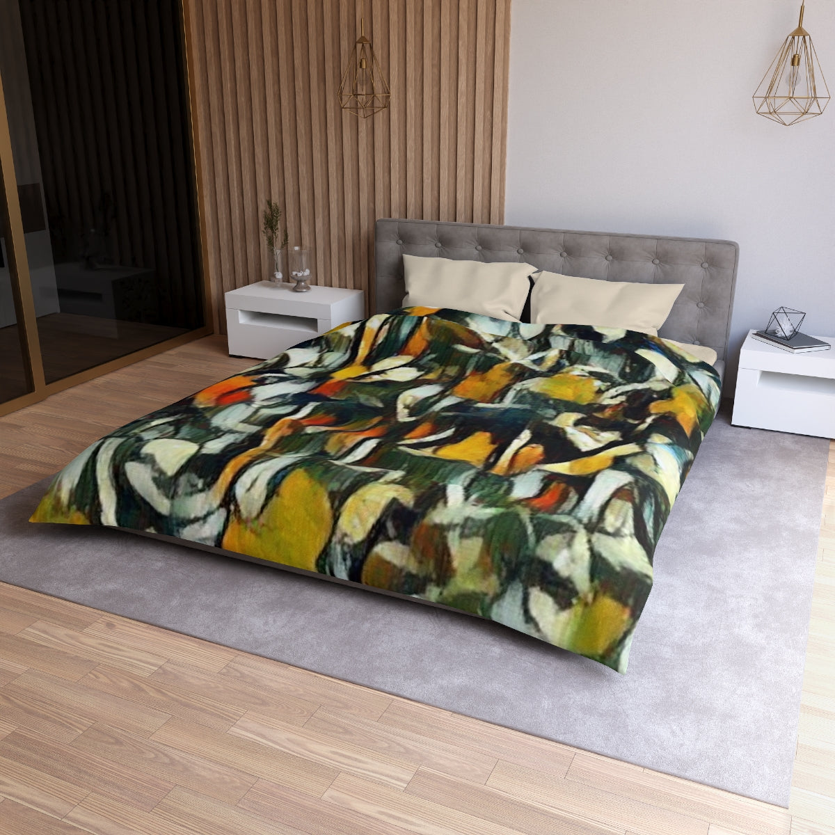 Queen size Obsidian Petals duvet cover with cream lining, dynamic boho pattern with multicolor brush textures and black outlines