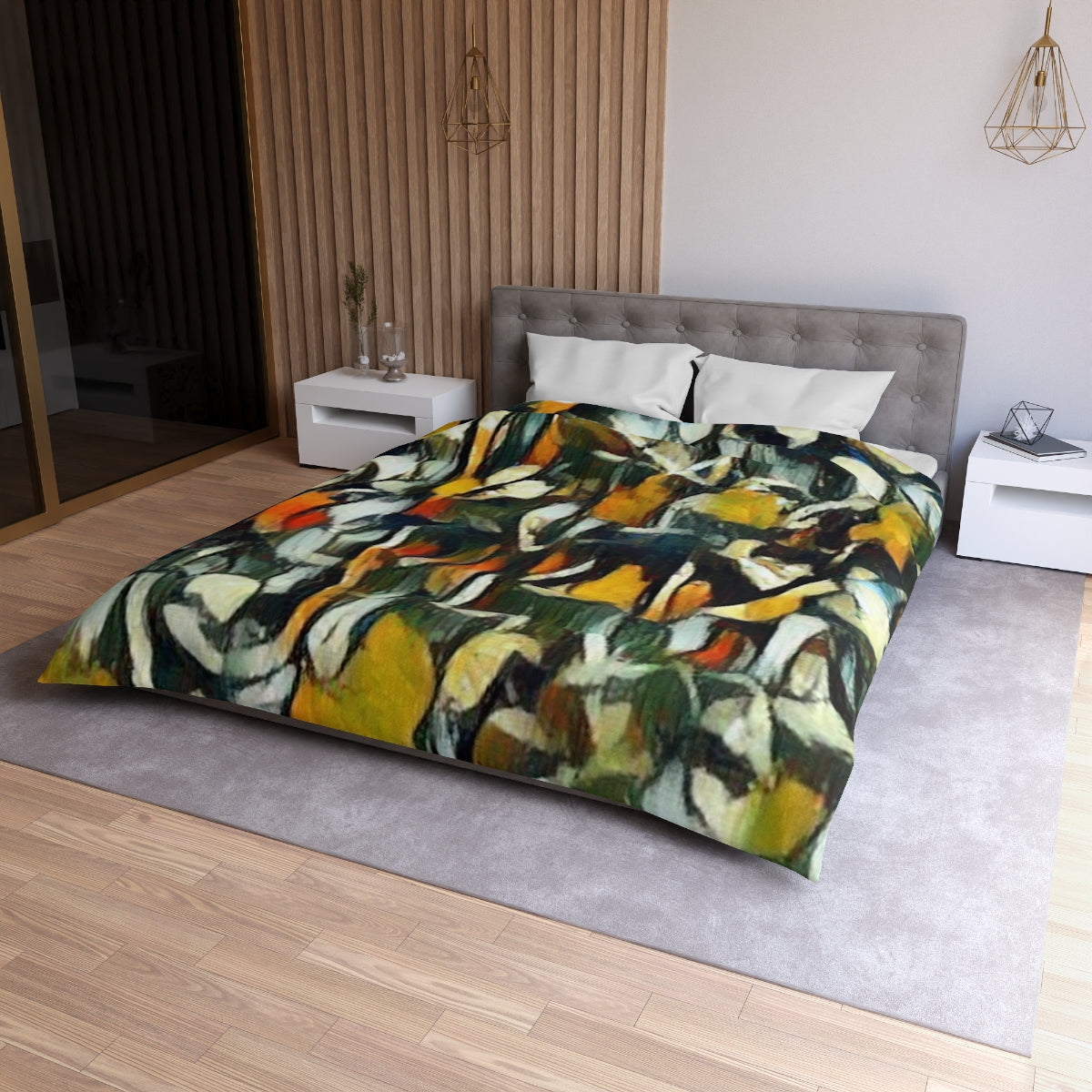 Queen size Obsidian Petals duvet cover with white lining, dynamic boho pattern with multicolor brush textures and black outlines