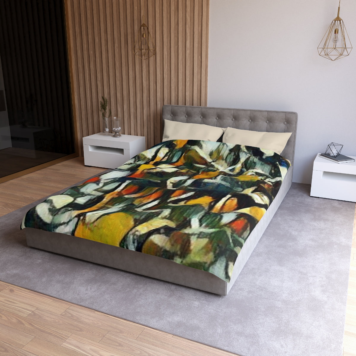 Twin size Obsidian Petals duvet cover with cream lining, vibrant abstract leaf design in black, yellow, red, and forest green