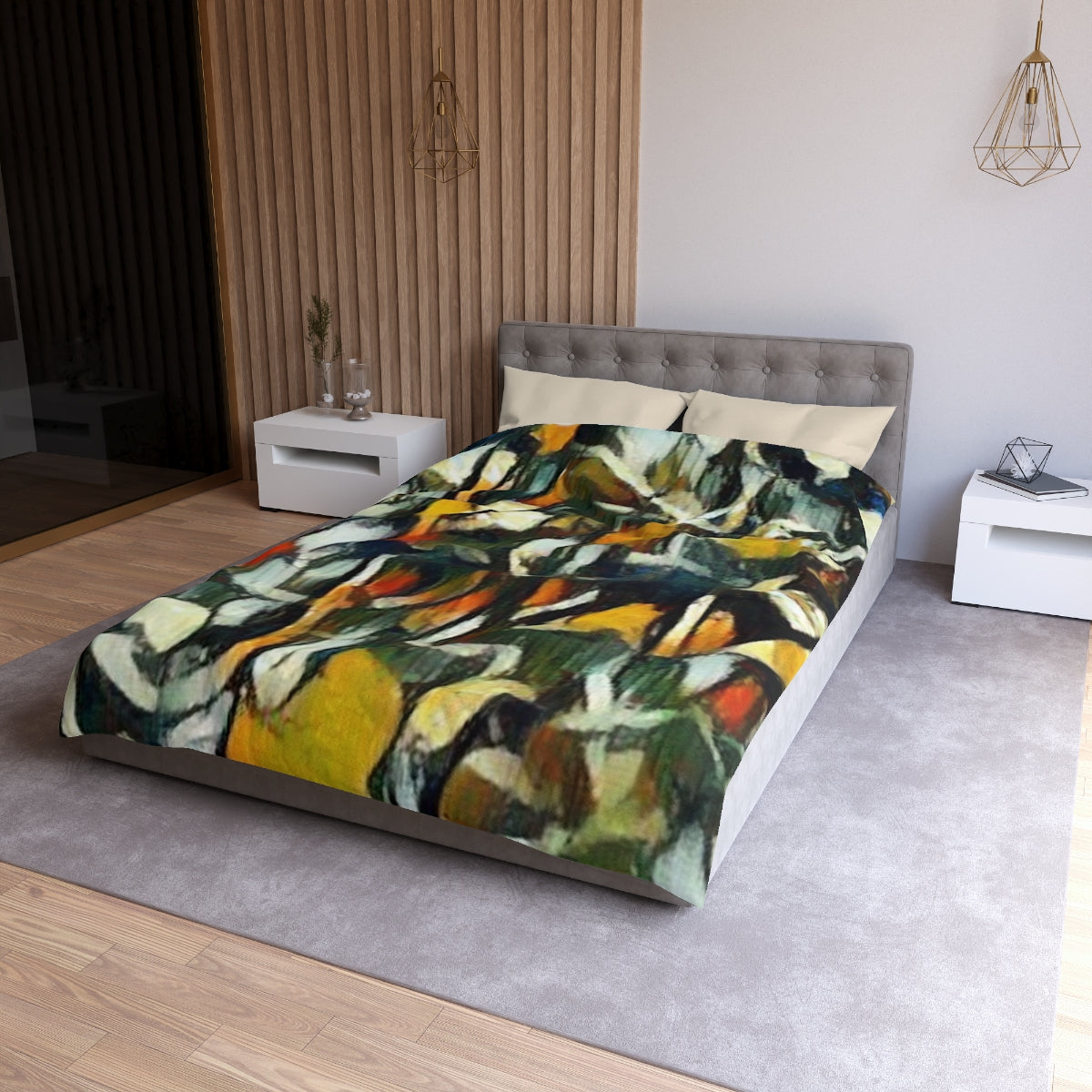 Twin XL size Obsidian Petals duvet cover with cream lining, bold microfiber bedding with painterly petals in rich mixed hues