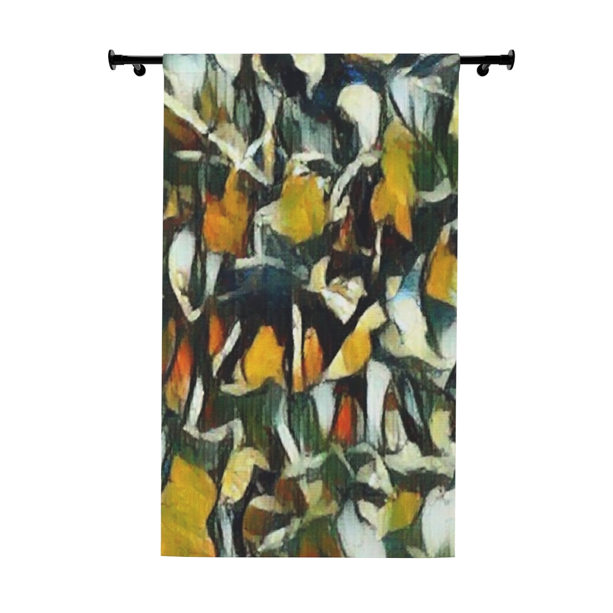 Blackout curtain with fragmented floral forms in black, yellow, white, and green, painted in bold angular strokes with a dynamic, abstract composition