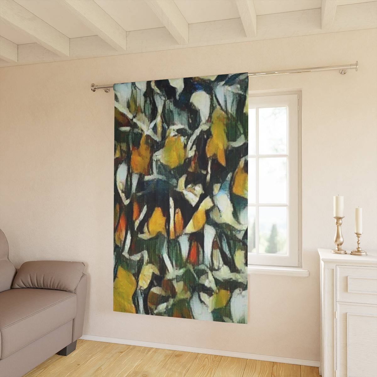 Obsidian Petals blackout curtain in a daylight room, bold leaf shapes in high-contrast colors adding drama to a softly lit beige interior