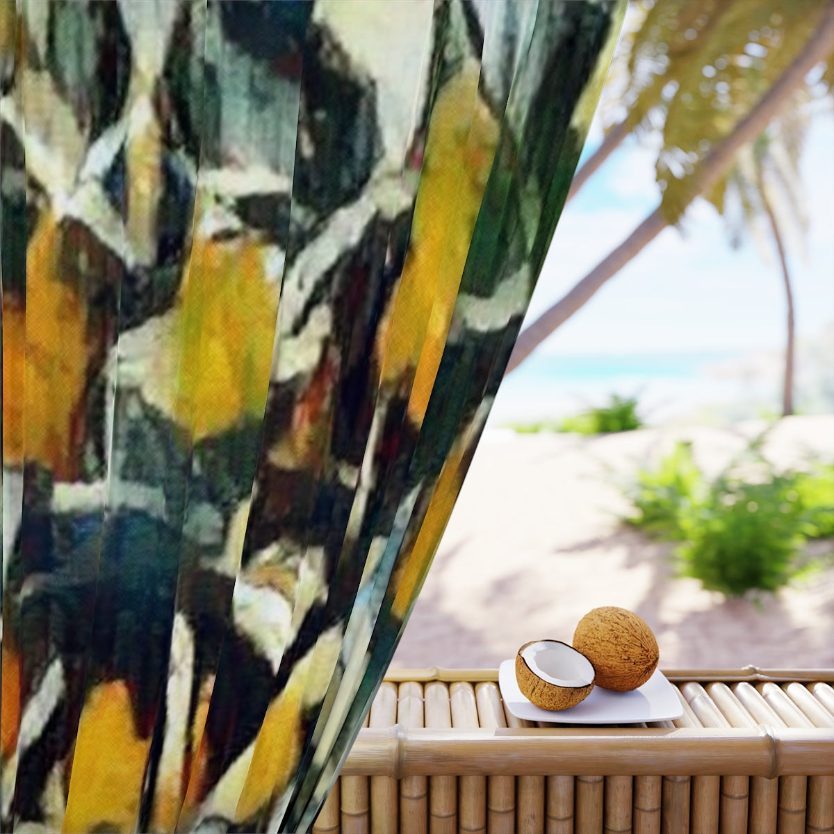 Detail of blackout fabric with thick brushwork outlining vivid yellow, green, and black leaf abstractions against a layered white background