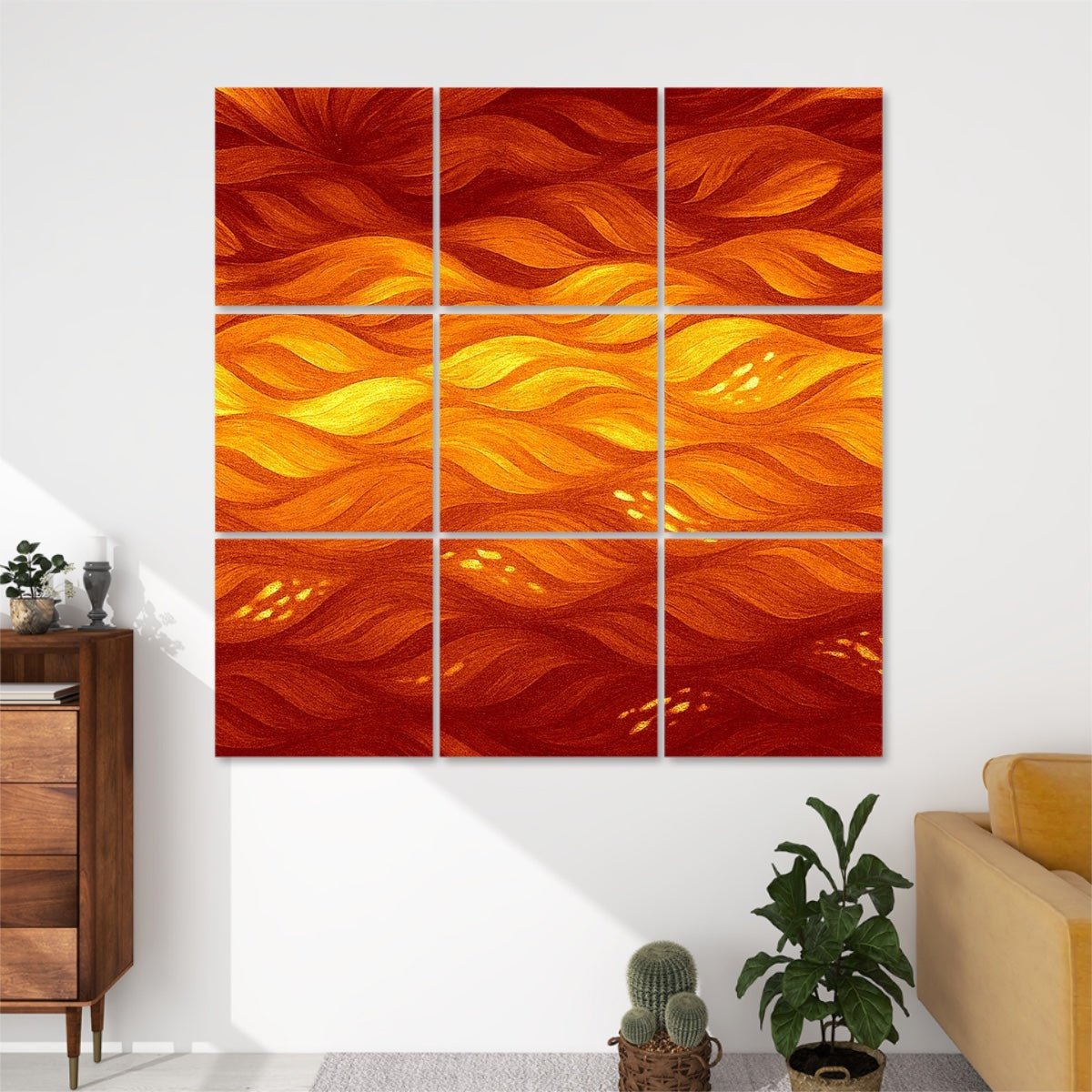 Nine panels in ember and tangerine tones, forming a warm gradient grid on a neutral wall