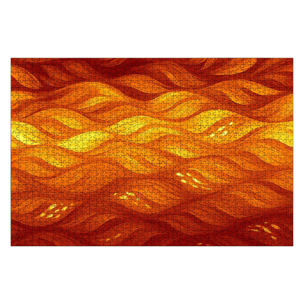Bold orange-amber variation of the 1000-piece wooden puzzle showing warm glowing wave motion