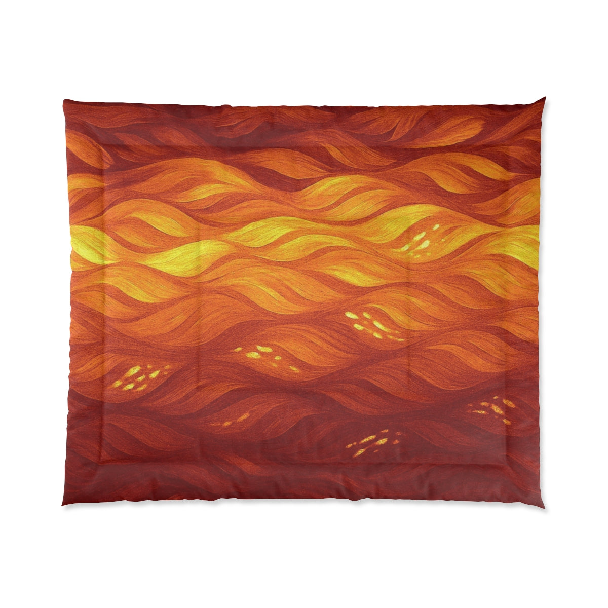 Oversized comforter in vivid amber, saffron, and crimson tones with artistic fluidity. Size: 104" × 88"