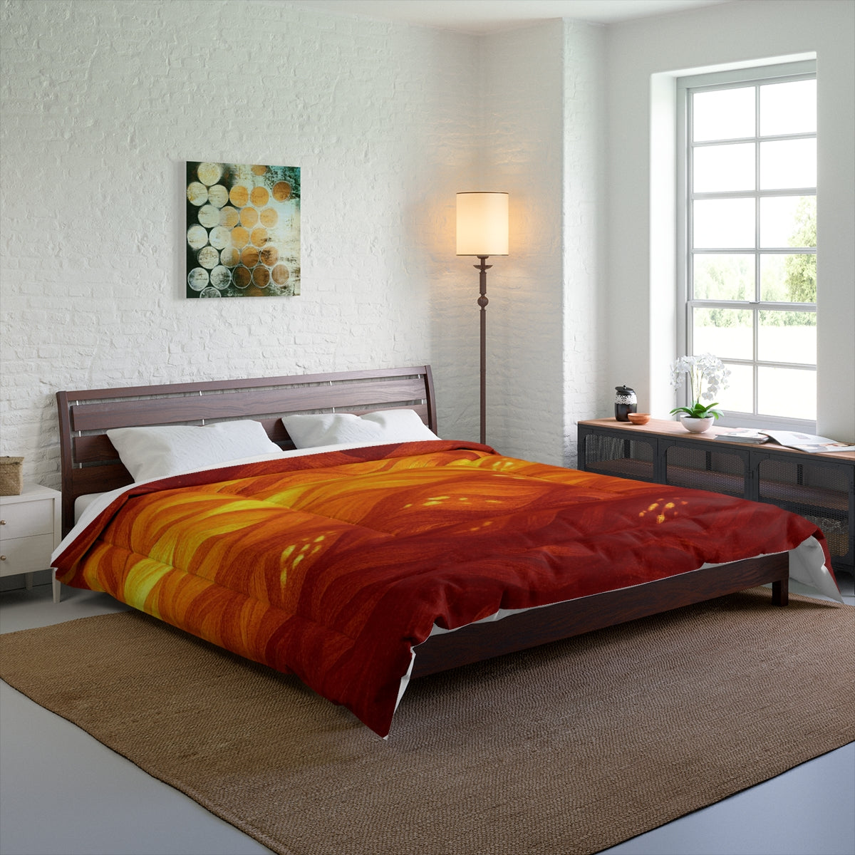 Spacious room with the king-size orange – amber comforter glowing with layered energy. Size: 104" × 88"
