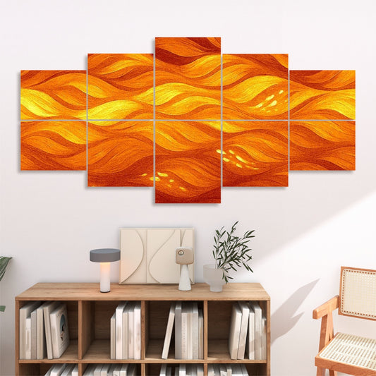 Orange amber variation of Gilded Amethyst Currents with glowing warm tones and ember-like flow across ten sound absorbing panels above neutral furniture.