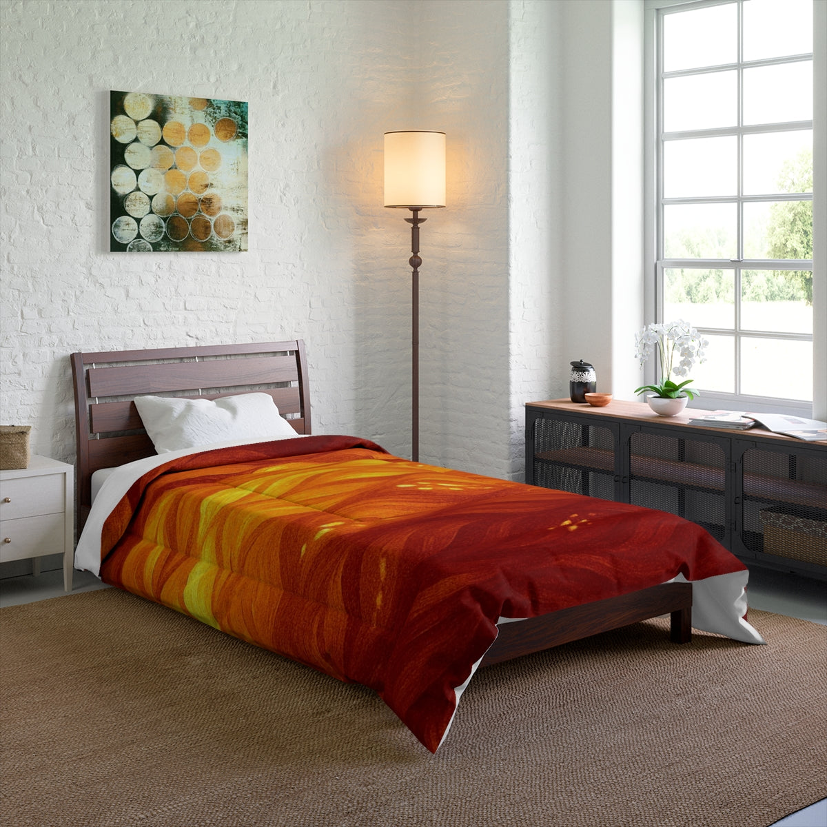 Cozy bedroom mockup with orange – amber comforter on a twin bed; bright tones create a fiery focal point. Size: 68" × 88"
