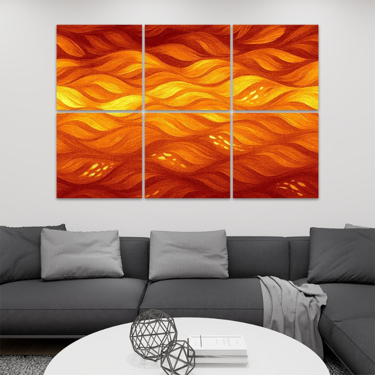 Orange amber version of Gilded Amethyst Currents bringing warm energy through 6 mounted sound absorbing panels