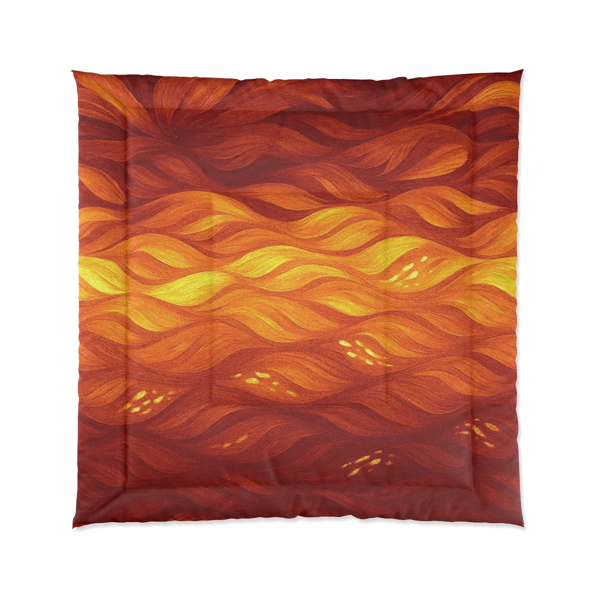 Square comforter with intense red-orange waves and golden highlights. Size: 88" × 88"