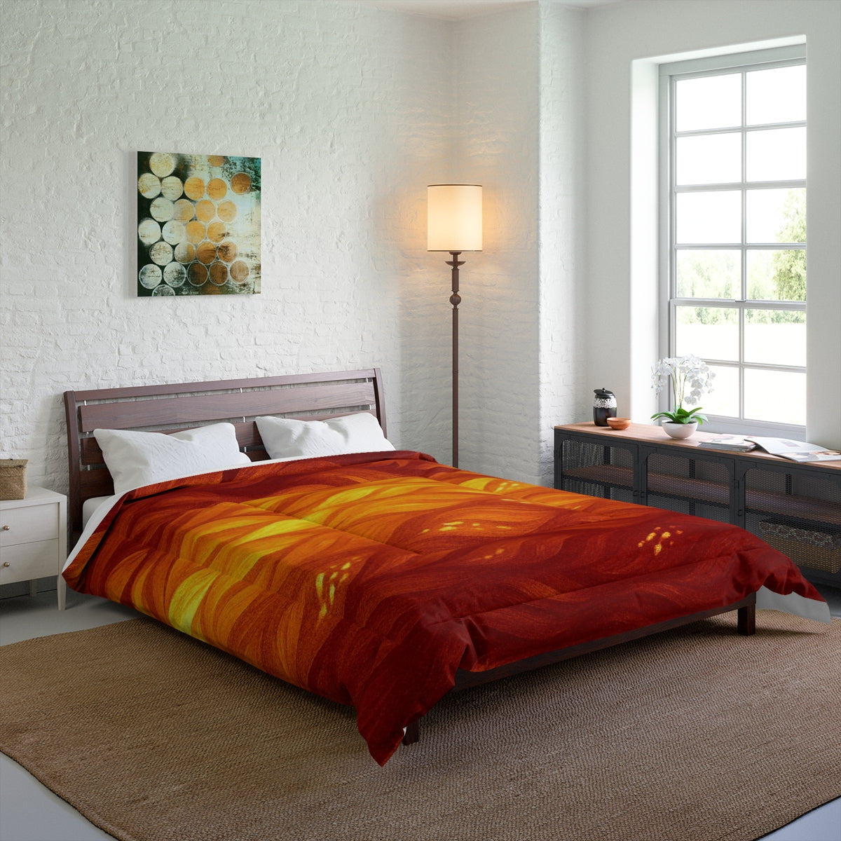 Queen bed dressed in the orange – amber comforter; warm gradient waves bring drama to the room. Size: 88" × 88"
