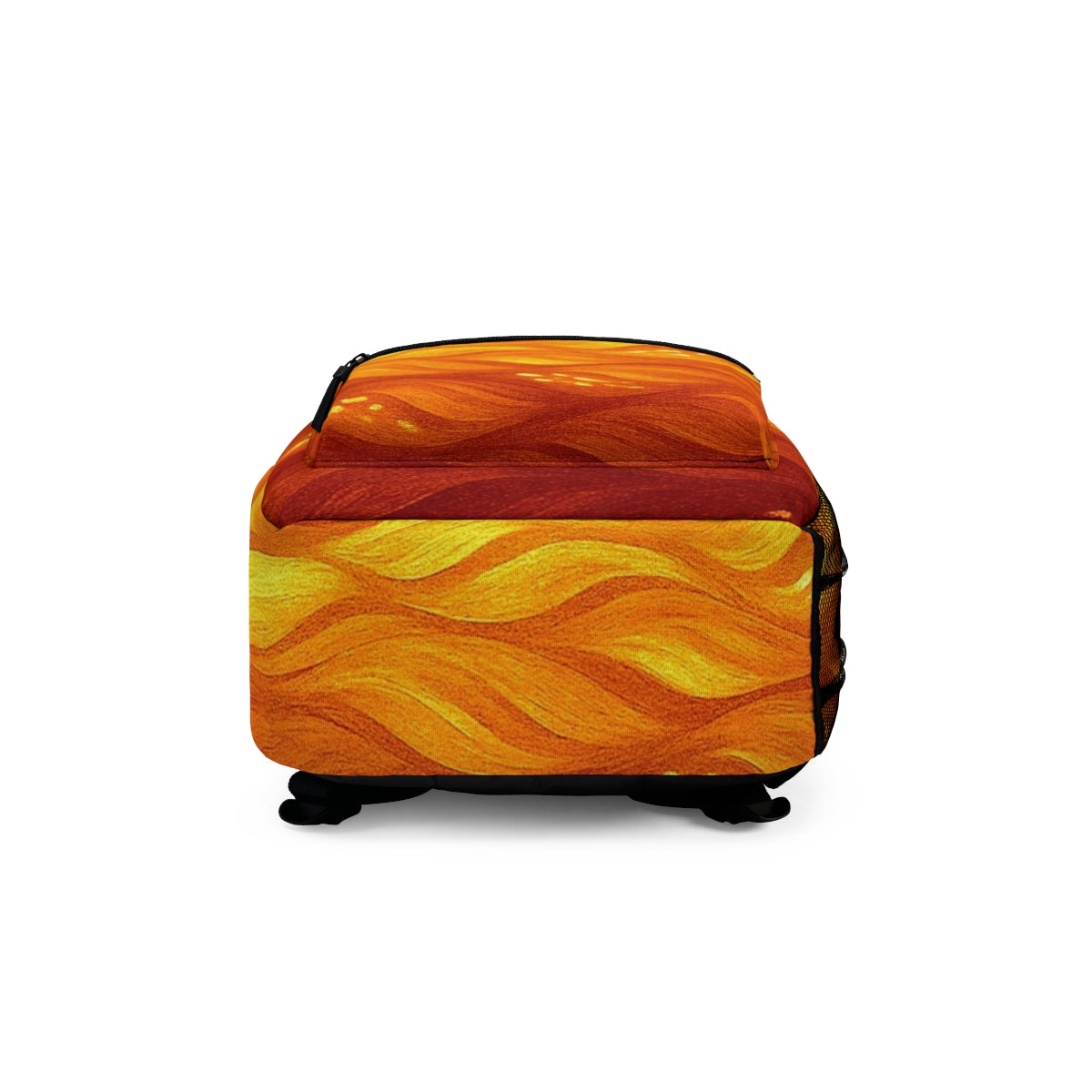 Bottom portion of the backpack in rich orange with yellowish wave strokes, appearing bright and energized